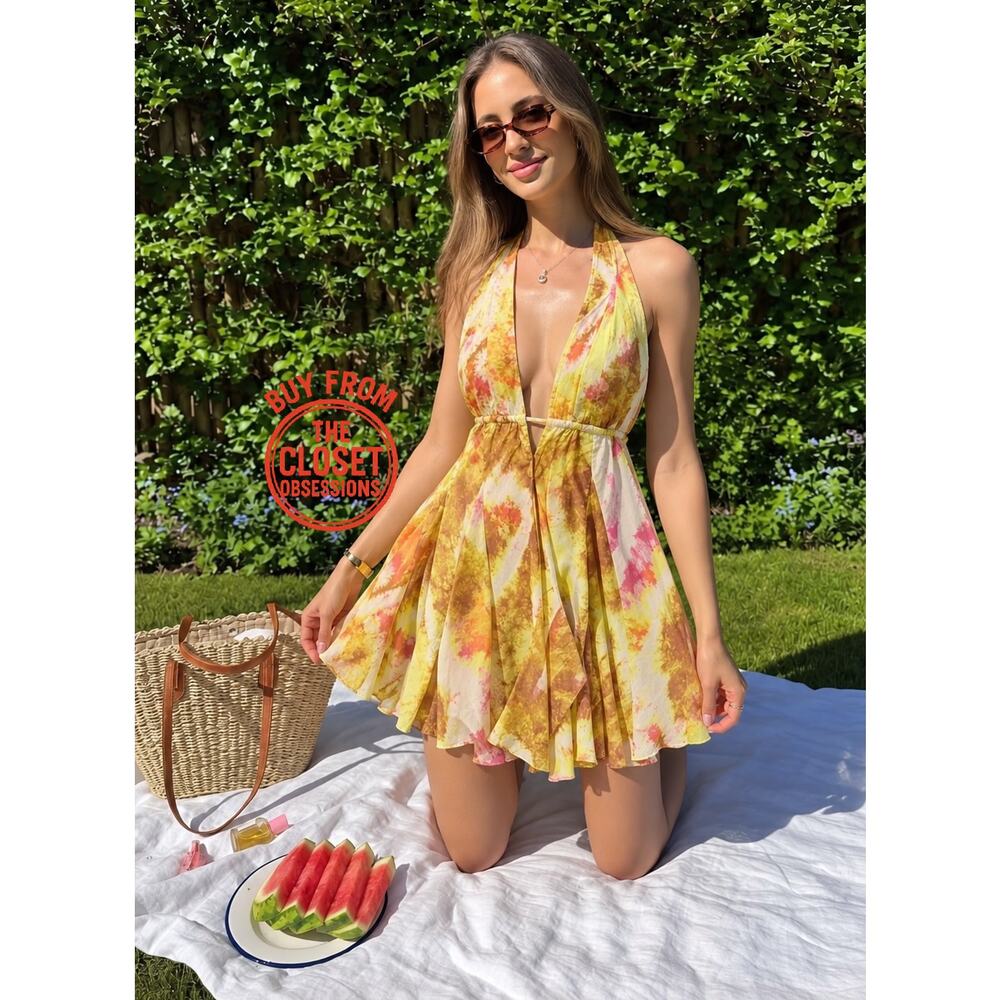 ZARA Yellow Floral Halter Mini Dress Open Back Resort Vacation Sundress NWT - Picture 2 of 16